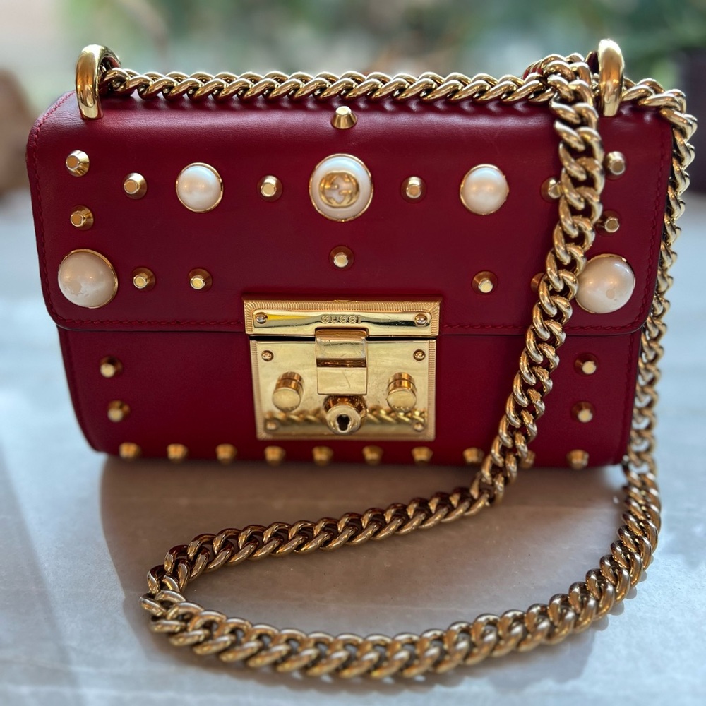 Authentic GUCCI Pearly Padlock in Red with Gold Hardware